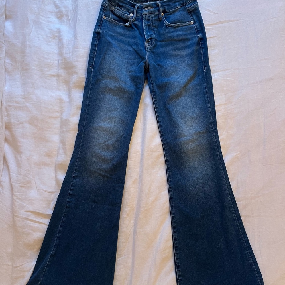 Good American Dark Blue Flare Jeans - High-Rise Wide Leg